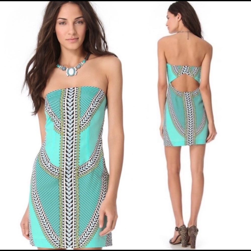 Mara Hoffman Strapless Tribal Cutout Teal Black Print Mini Dress Size 2